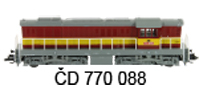 [Lokomotivy] → [Motorov] → [T669.0 (770)] → CD-770-088: dieselov lokomotiva erven s vstranm pruhem, ed stecha, rm a pojezd